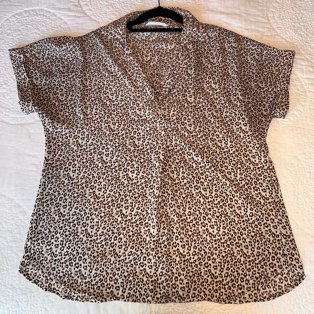All in Favor Short Sleeve Button Back Leopard Print Blouse